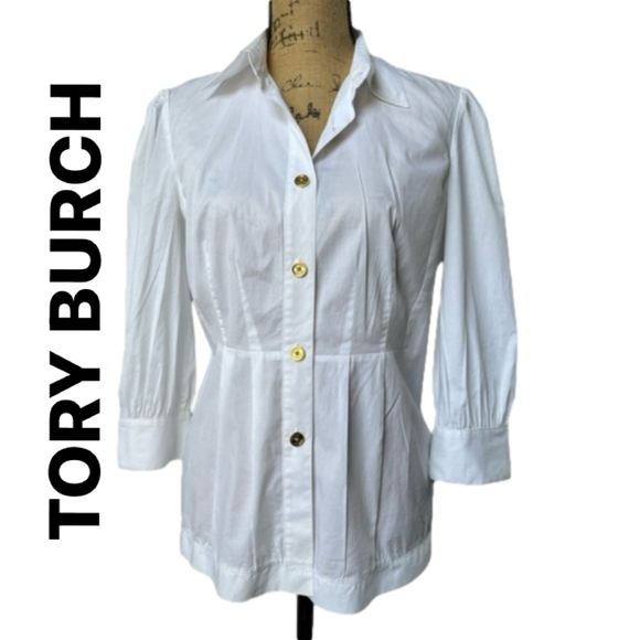 Tory Burch Tops - Tory BURCH Button Up 3/4 Sleeve Fitted Waist Collared Shirt White Size 4 EUC